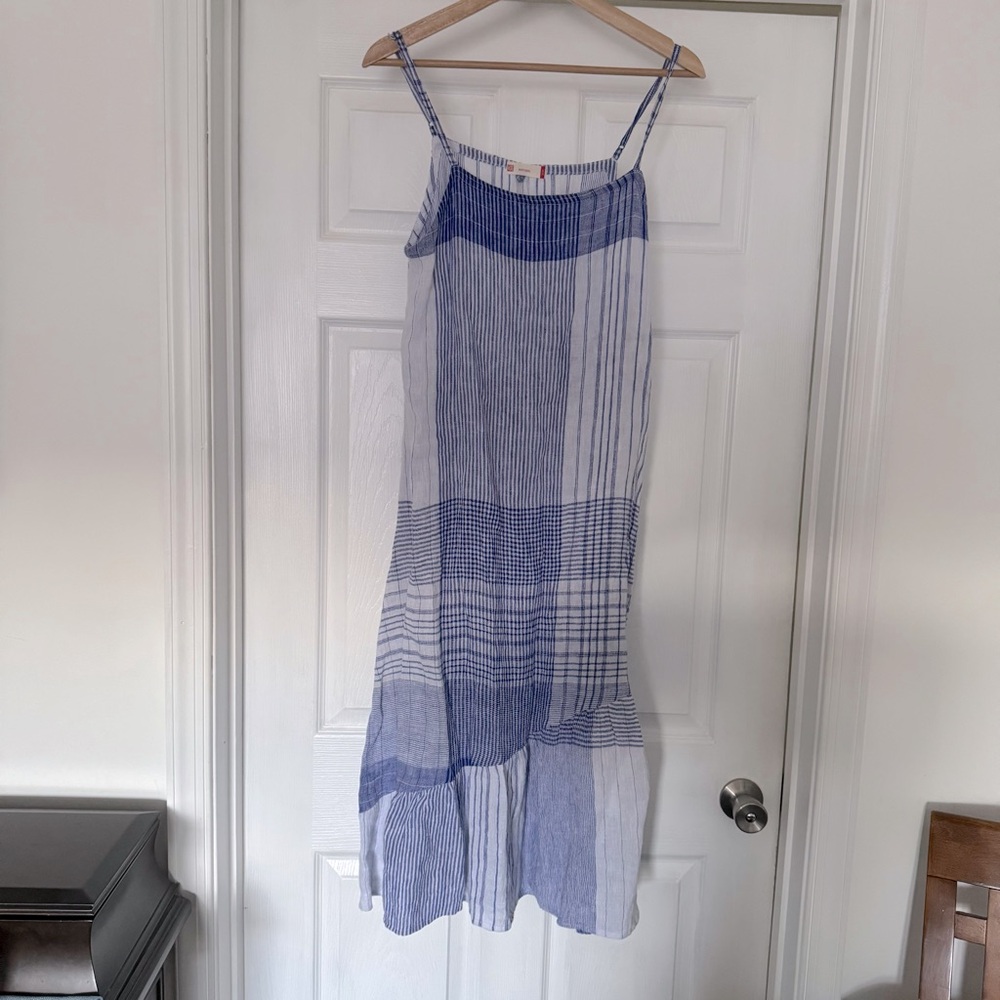 WE-AR Natural Linen Blue White Striped Maxi Dress S M